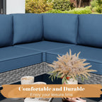 Vongrasig 5 Pieces Outdoor Sectional Furniture, All-Weather Rattan Patio Furniture Set, Wicker Patio Sectional Couch with Cushion, Glass Table, Navy Blue