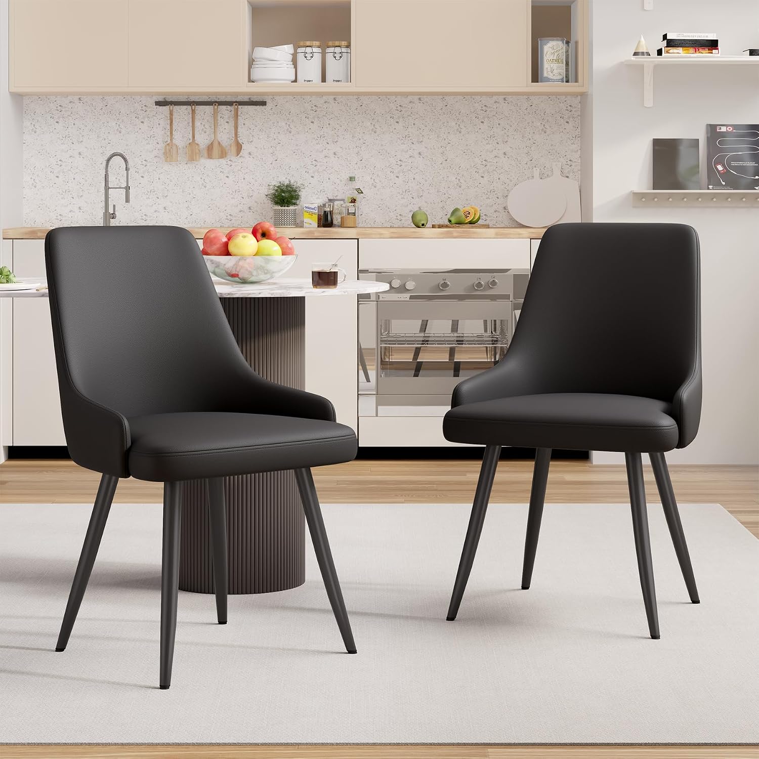 Faux Leather Chairs Set of 4, Waterproof Padded Seat,Black | Modern Dining Chair, Metal Legs, Ergonomic Wide Backrest, Stain Resistant, Easy 10-Min Assembly, Kitchen Living Room