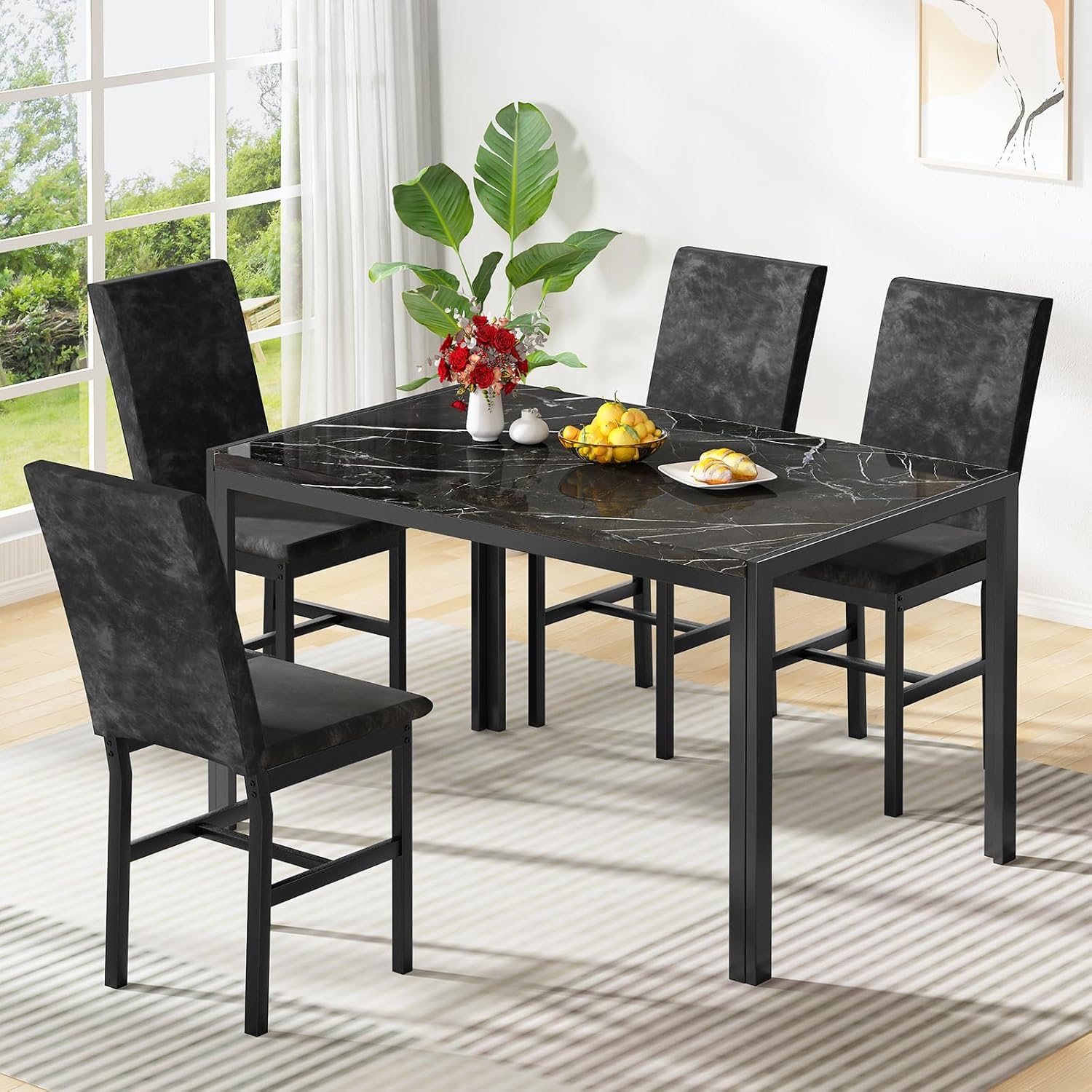 AWQM Products 5-Piece Marble Dining Set, Modern Kitchen Table and Chairs for Dining Room, Compact Space Saving Furniture, Dinette, 4 Upholstered Velvet Chairs - Black