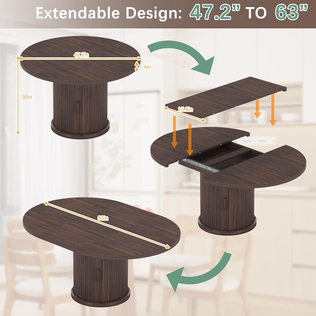 47.2"–63" Extendable Dining Room Table for 4–8, Round‑to‑Oval Expandable Wood Table with Dust‑Proof 2‑Tier Storage Shelf, Space‑Saving Modern Farmhouse Centerpiece for Living Room, Black Walnut