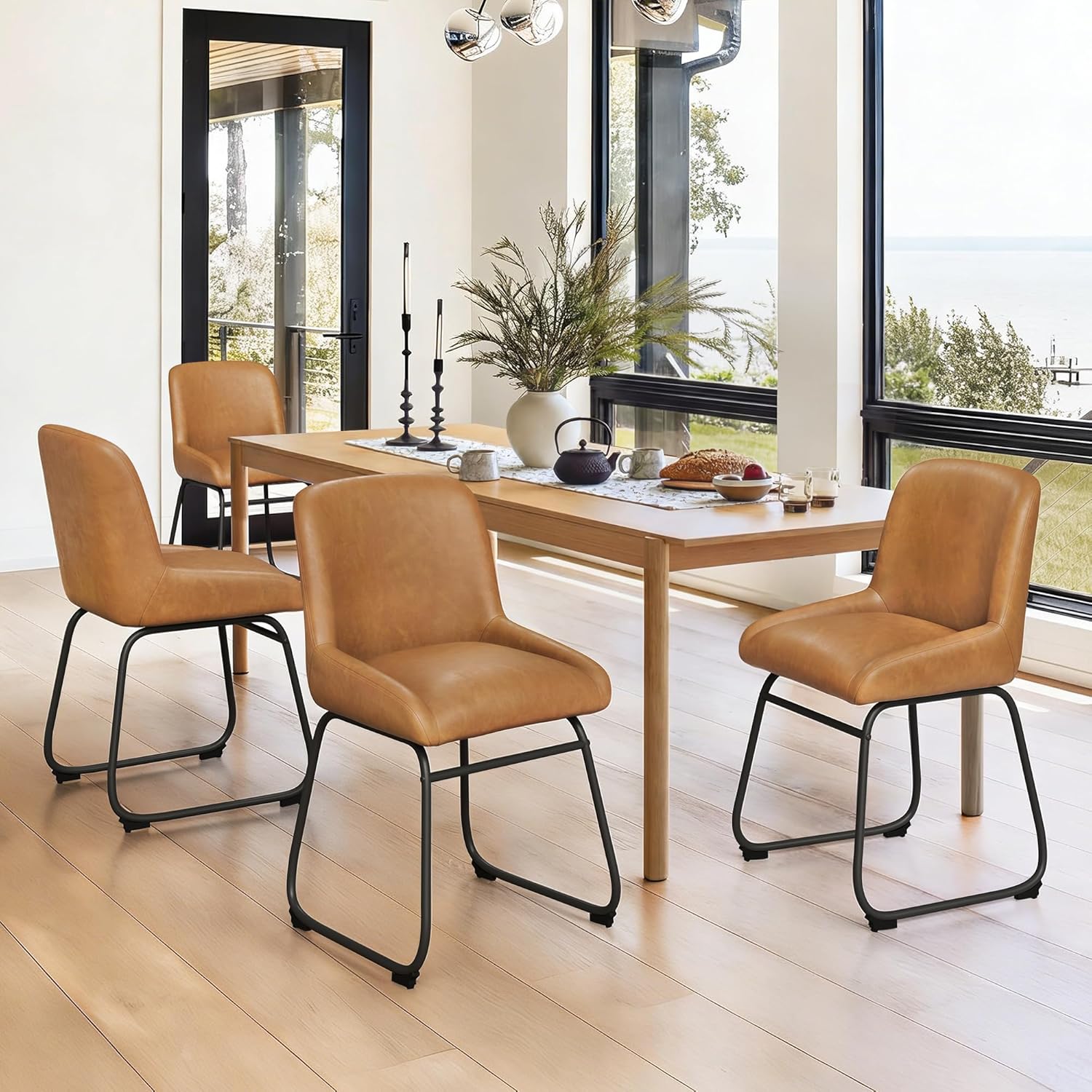 LUE BONA Comfortable Dining Room Chairs Set of 4, Modern Upholstered Kitchen Chairs with Padded Back & Thick Metal Legs, Brown PU Leather