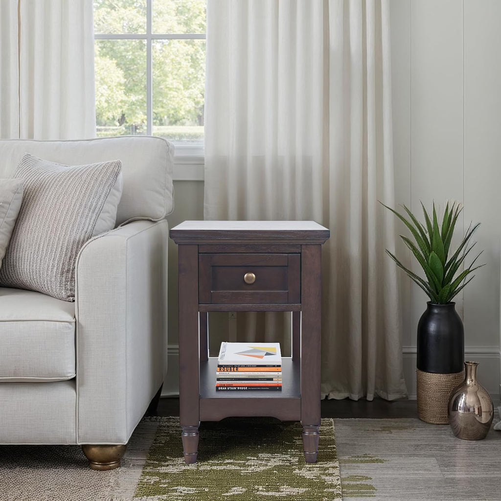Brentwood Modern Transitional Chairside End Table with Drawer and Storage Shelf,Dark Brown