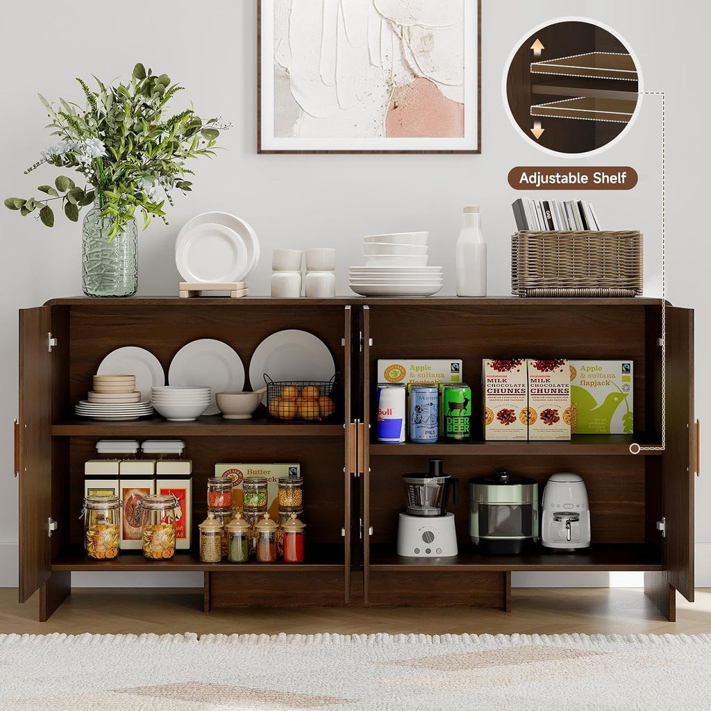 ONBRILL 60" Sideboard Buffet Cabinet with Storage, Curved Design Farmhouse Modern Coffee Bar Cabinet with 4 Doors & Adjustable Shelves for Living Room, Kitchen, Hallway, Walnut