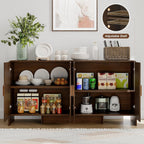 ONBRILL 60" Sideboard Buffet Cabinet with Storage, Curved Design Farmhouse Modern Coffee Bar Cabinet with 4 Doors & Adjustable Shelves for Living Room, Kitchen, Hallway, Walnut