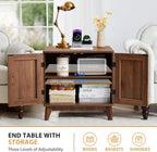 Fluted End Table with Charging Station, 2 Door Side Table with Storage, Mid Century Modern Nightstand for Bedroom Bedside, Living Room Couch Sofa, Office, Desk Side Table for Small Spaces-Walnut