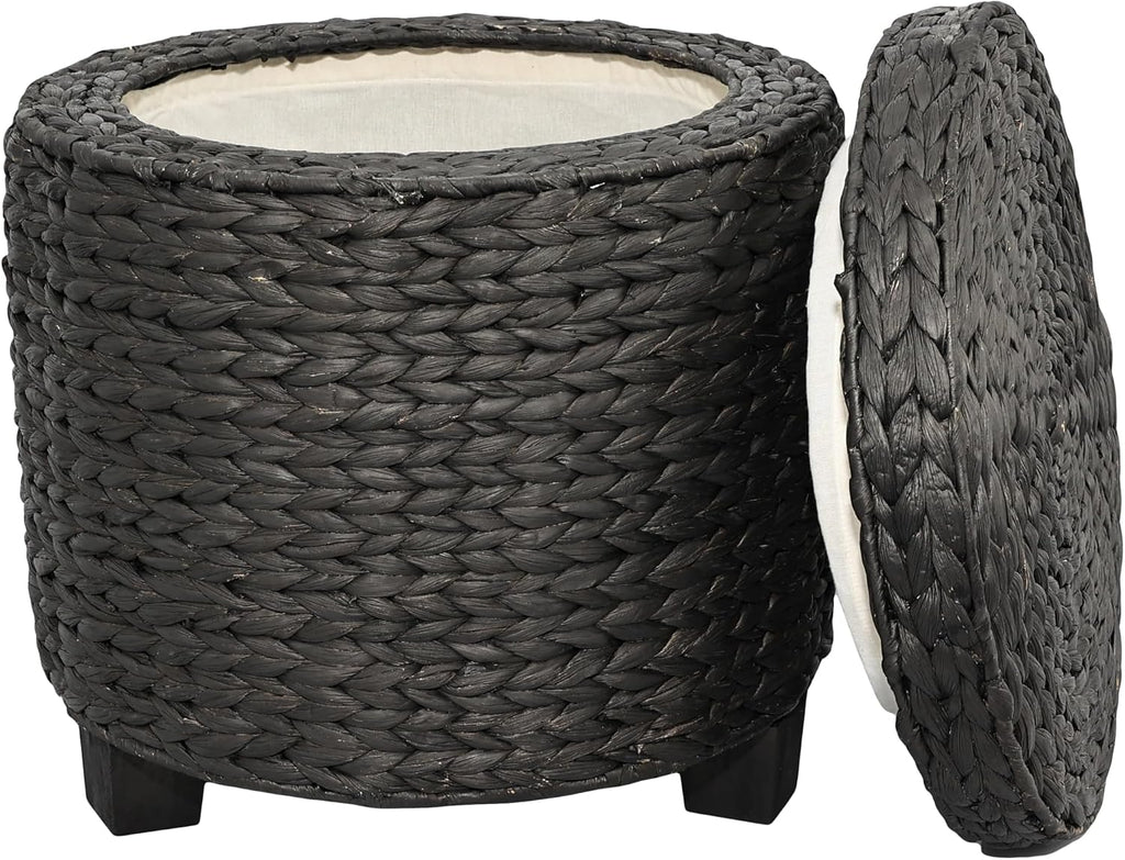 happimess Addie Handwoven Water Hyacinth Storage Ottoman 17.72", Black | Removable Lid, Coastal Foot Rest, 11 Gallon Capacity, Lined Interior, Wooden Legs, Entryway Seating, Holds 150 Lbs