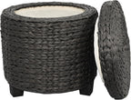 happimess Addie Handwoven Water Hyacinth Storage Ottoman 17.72", Black | Removable Lid, Coastal Foot Rest, 11 Gallon Capacity, Lined Interior, Wooden Legs, Entryway Seating, Holds 150 Lbs