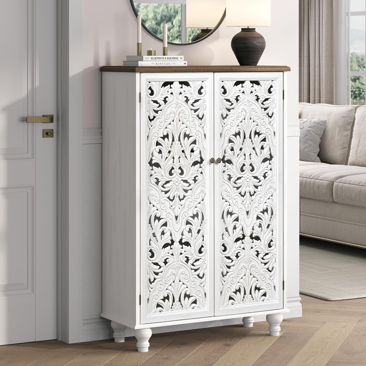 JOINICE 47" Tall Accent Cabinet with Carved Doors & Storage for Living Room | Vertical Storage, Carved Floral Design, Mandala White Buffet, Boho/Farmhouse/Rustic Style, Adjustable Shelves, Easy Assembly