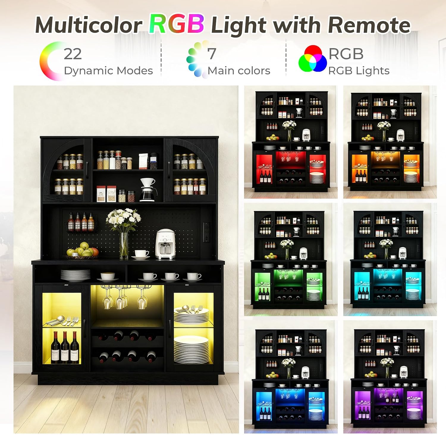 70.9" Tall Kitchen Pantry Cabinet with Outlet & LED Lights, 54.3" Wide Kitchen Storage Cabinet with Wine Rack, Farmhouse Coffee Bar Station with Pegboard, Buffet Sideboard (Black)