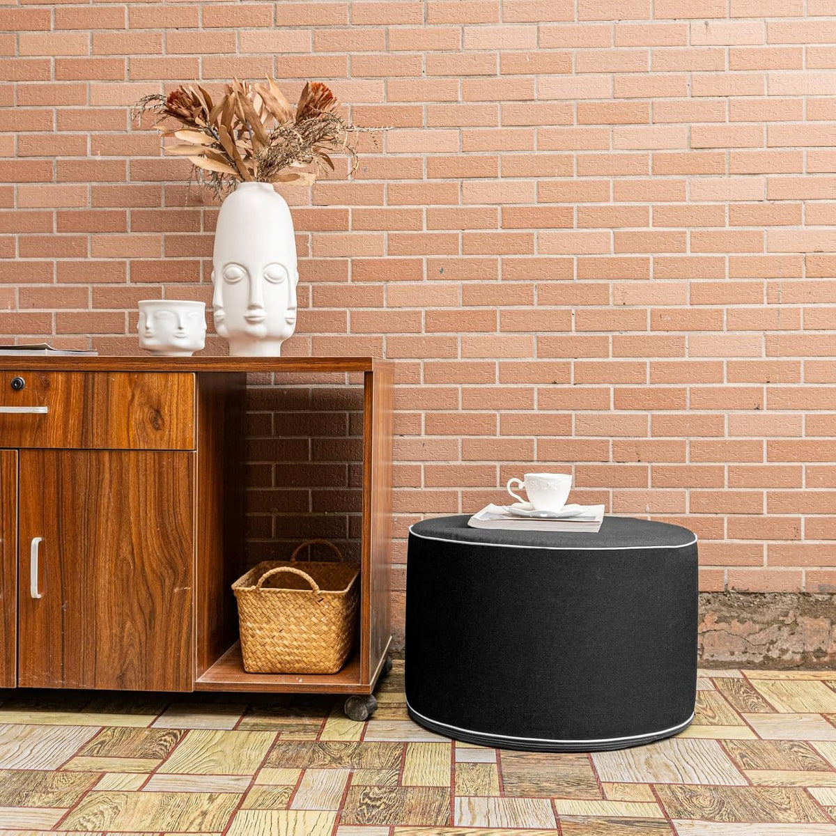 Outdoor Ottomans for Patio Pouf Waterproof Fade-Resistant Ottoman Foot Rest for Outdoor - Ottoman Chair Filled with High-Density All-in-One Foam, 20" D x 14" H Inches (Black, Round)