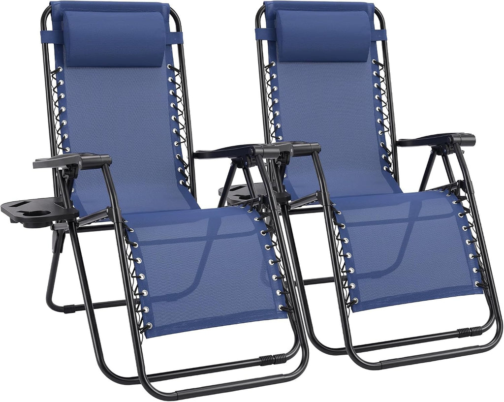 Sweetcrispy Zero Gravity Chairs Set of 2, Outdoor Folding Reclining Lounge Chair with Cup Holder Tray & Adjustable Pillow, Portable Camping Beach Patio Poolside Lawn Yard Chair, Classic Blue