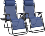 Sweetcrispy Zero Gravity Chairs Set of 2, Outdoor Folding Reclining Lounge Chair with Cup Holder Tray & Adjustable Pillow, Portable Camping Beach Patio Poolside Lawn Yard Chair, Classic Blue