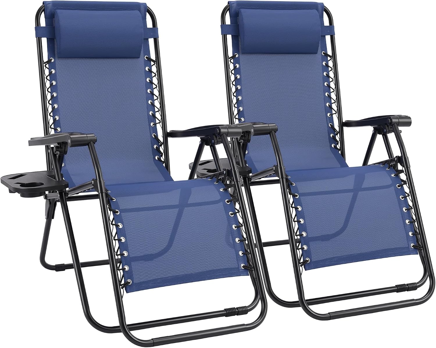 Sweetcrispy Zero Gravity Chairs Set of 2, Outdoor Folding Reclining Lounge Chair with Cup Holder Tray & Adjustable Pillow, Portable Camping Beach Patio Poolside Lawn Yard Chair, Classic Blue