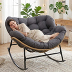 NICESOUL Outdoor Papasan Rocking Chair with Cushion, All-Weather Patio Egg Rocker, Oversized Rattan Glider for Reading & Relaxing, Large Comfy Recliner Lounge Chairs for Balcony Garden Backyard, Grey