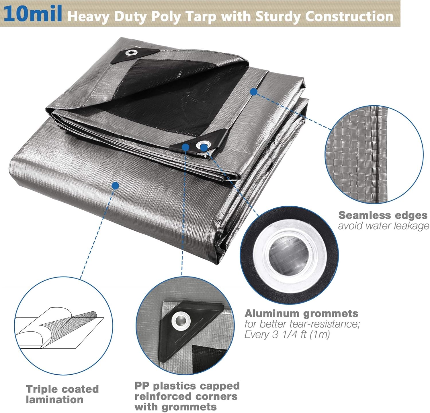 Yescom 10x15ft Heavy Duty Reinforced Poly Tarp 10-mil Waterproof Tarpaulin Ground Sheet Camping Tent Cover with Eyelets Reversible Silver Black Tarps