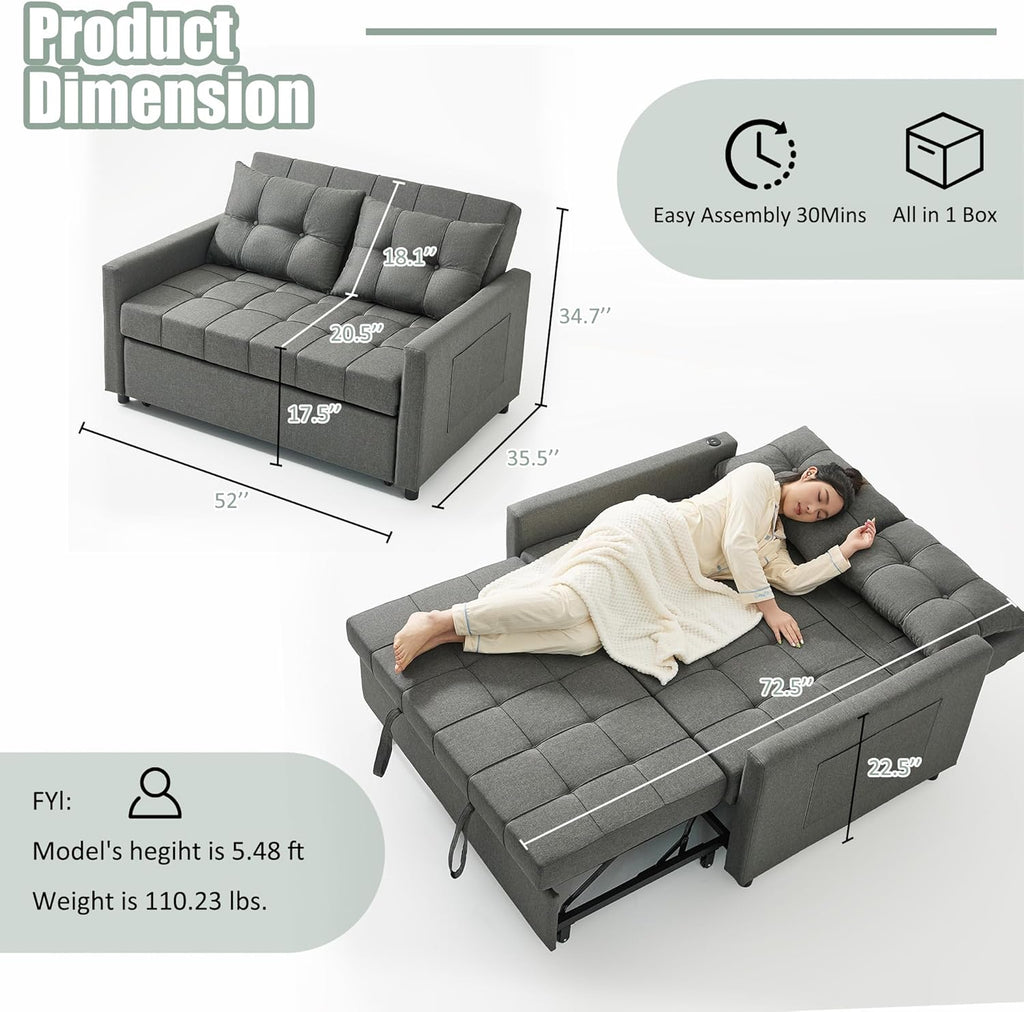 GOSUHI 52" 3-in-1 Convertible Sleeper Sofa Bed, Linen, Dark Gray | Pull-Out Bed, Stepless Adjustable Backrest, Side Pocket, Compact Loveseat, Living Room, Dorm & Apartment