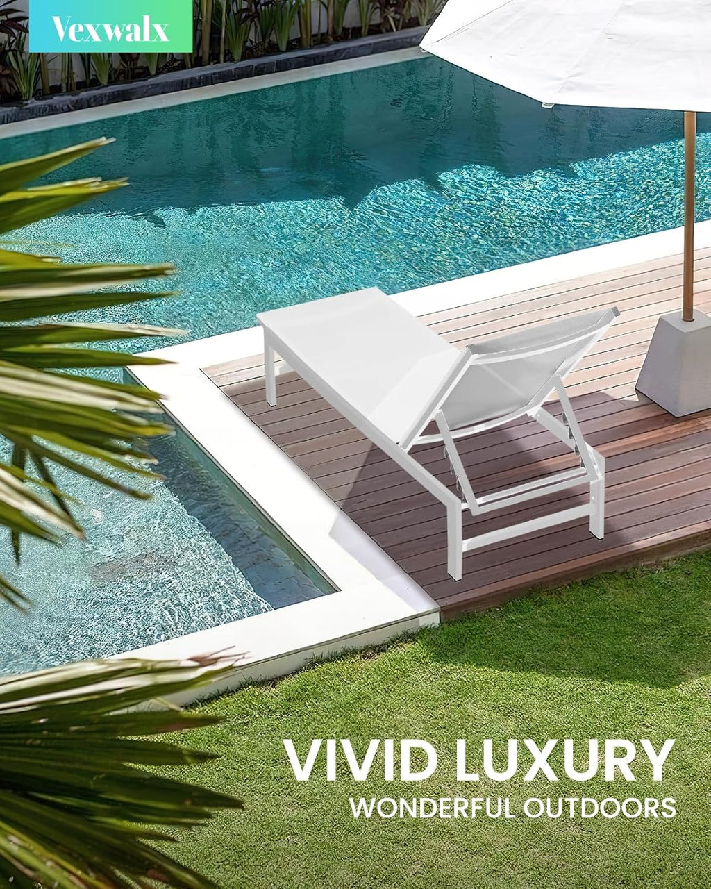 Vexwalx Outdoor Lounge Chairs Set of 2, Aluminum Patio Chaise Lounge Chairs with 5-Position Recliner, Pool Lounge Chairs for Backyard, Poolside, Deck, Lawn (White)