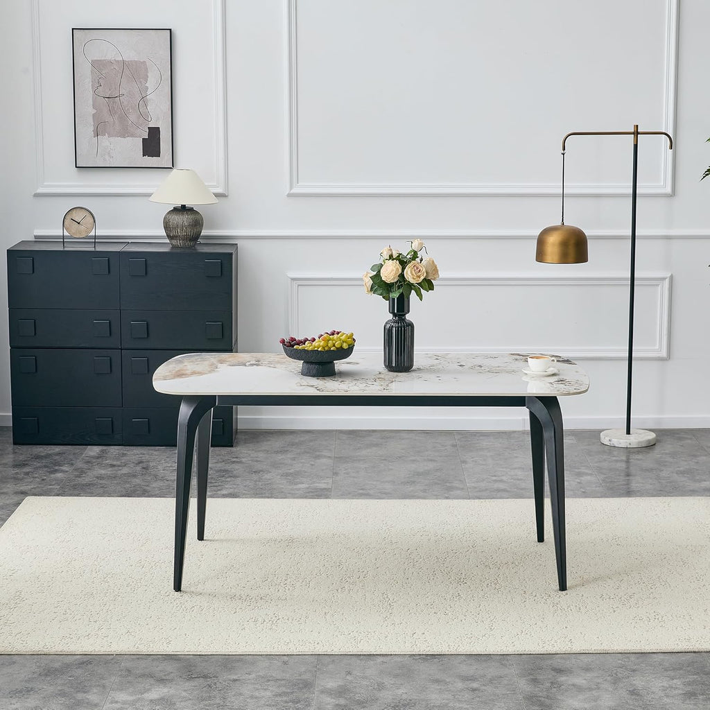Modern Rectangular Dining Table,63”Sintered Stone Dining Table for 4-6, Stone Top with Carbon Steel Frame for Small Space,Kitchen Office,Apartment,Cafe（Marble）