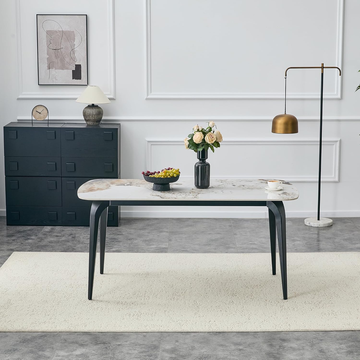 Modern Rectangular Dining Table,63”Sintered Stone Dining Table for 4-6, Stone Top with Carbon Steel Frame for Small Space,Kitchen Office,Apartment,Cafe（Marble）