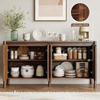59" Wide Walnut Buffet Cabinet Storage,4 Doors and Adjustable Shelves,Solid Wood Round Legs,Wood Mid Century Sideboard for Kitchen,Living Room,Coffee Bar.