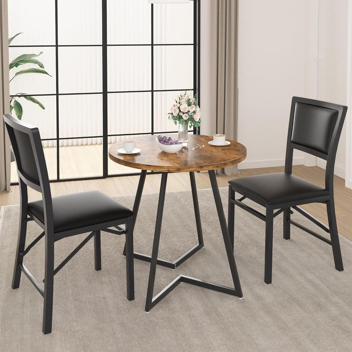VECELO Folding Dining Chairs Set of 4, Metal Padded Foldable Seating with Comfortable Faux Leather, Space-Saving Portable Guest Seats for Kitchen & Office, No Assembly, Black