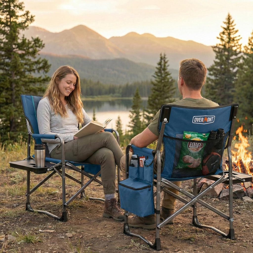 Overmont Folding Camping Chair with Side Table, Cooler Bag, 400 lb Capacity | Oversized Directors Chair for Lawn, Beach, Picnics and Fishing, 600D Oxford, 11.8 lb, Shoulder Strap and Storage Pockets