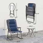 Outsunny 3 Piece Outdoor Patio Furniture Set with Glass Coffee Table & 2 Folding Padded Rocking Chairs, Bistro Style for Porch, Camping, Balcony, Navy Blue