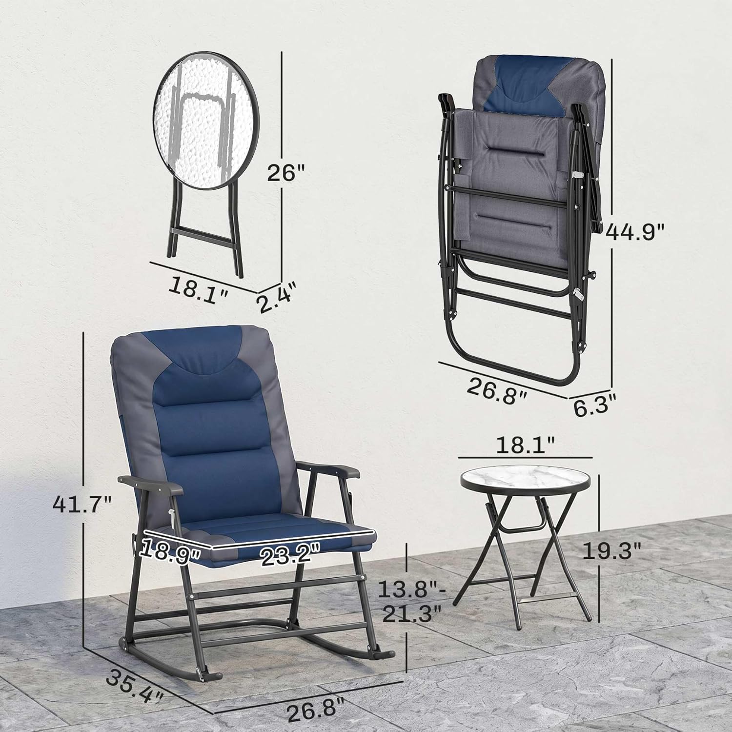 Outsunny 3 Piece Outdoor Patio Furniture Set with Glass Coffee Table & 2 Folding Padded Rocking Chairs, Bistro Style for Porch, Camping, Balcony, Navy Blue