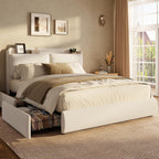 Garvee Chenille Fabric Queen Size Bed Frame with 2 Storage Drawers - Beige