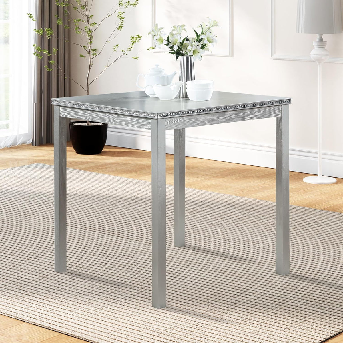 SOFTSEA Wooden Dining Table up for 4, Square Kitchen Table with Solid Wood Legs, 34.5 Inch Modern Dining Table with Spacious Tabletop, for Kitchen Living Room, Silver Grey