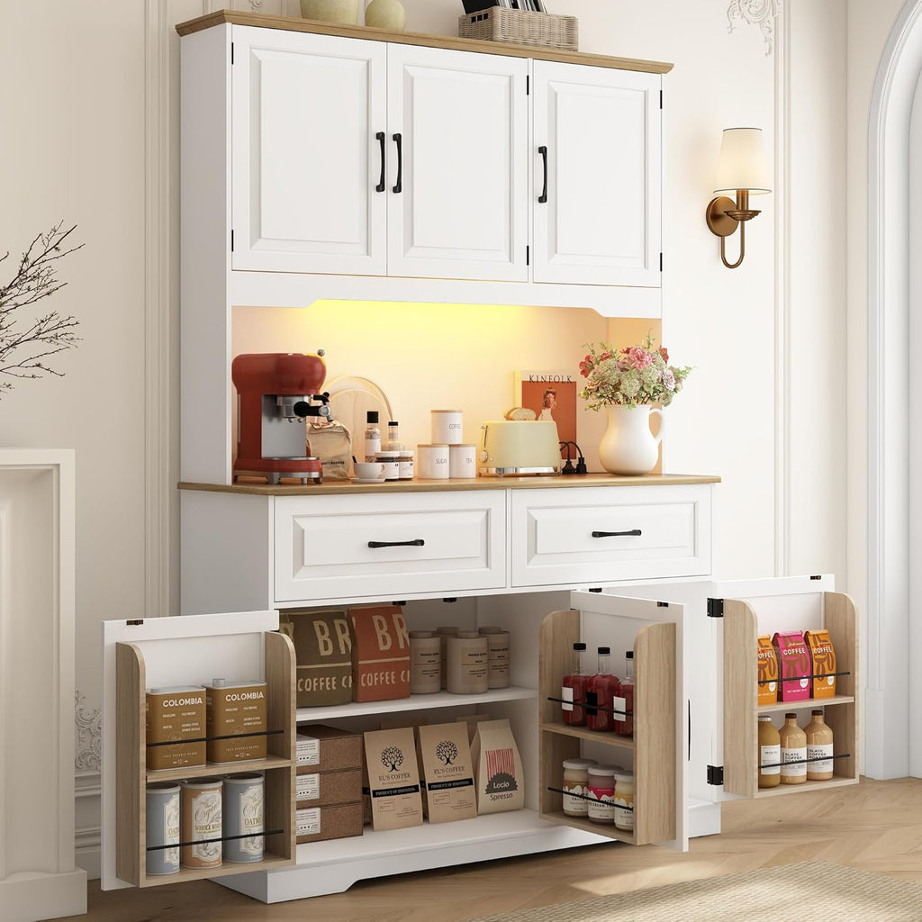 71" Tall 47" Wide Large Pantry Storage Cabinet w/ Power Outlet,LED Light,Farmhouse Kitchen Hutch Food Pantry Cabinet,2 Drawer,8 Doors Shelves,Open Countertop for Kitchens,Dining Room,white