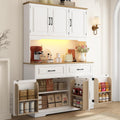 71" Tall 47" Wide Large Pantry Storage Cabinet w/ Power Outlet,LED Light,Farmhouse Kitchen Hutch Food Pantry Cabinet,2 Drawer,8 Doors Shelves,Open Countertop for Kitchens,Dining Room,white