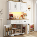 71" Tall 47" Wide Large Pantry Storage Cabinet w/ Power Outlet,LED Light,Farmhouse Kitchen Hutch Food Pantry Cabinet,2 Drawer,8 Doors Shelves,Open Countertop for Kitchens,Dining Room,white