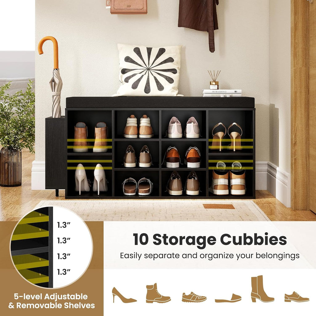 Giantex Shoe Storage Bench with Umbrella Stand, 10-Cubby Entryway Shoe Rack Organizer with Padded Seat, Adjustable & Removable Shelves for Hallway, Living Room & Bedroom (Black)