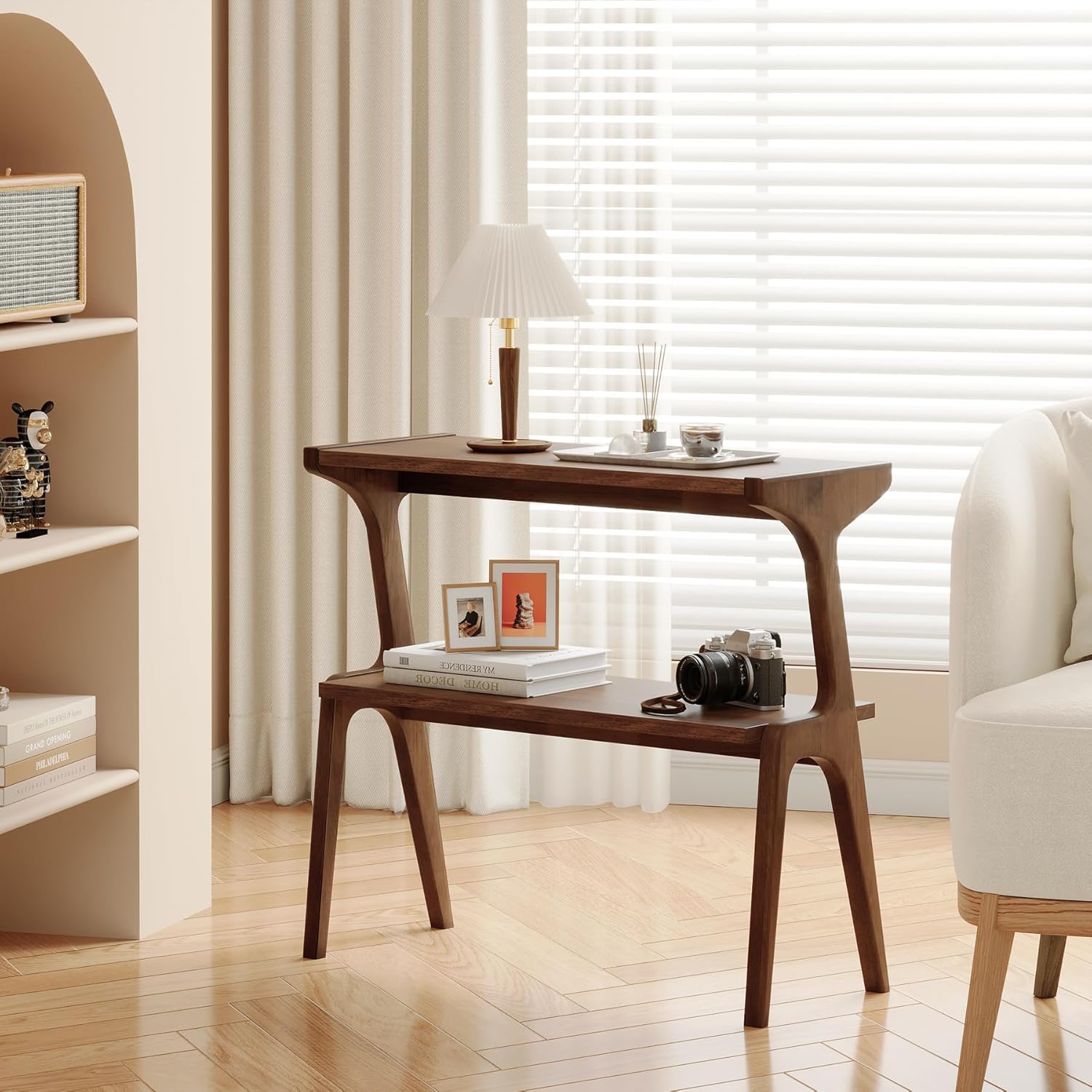 Solid Wood End Table, 2-Tier Side Table with Storage Shelf, Wooden Modern Accent Slim Bedside Table for Sofa, Living Room, Bedroom, Small Space, Easy Assembly, Rustic Brown