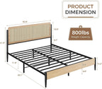 LIKIMIO Natural Rattan Queen Bed Frame with Wooden Headboard