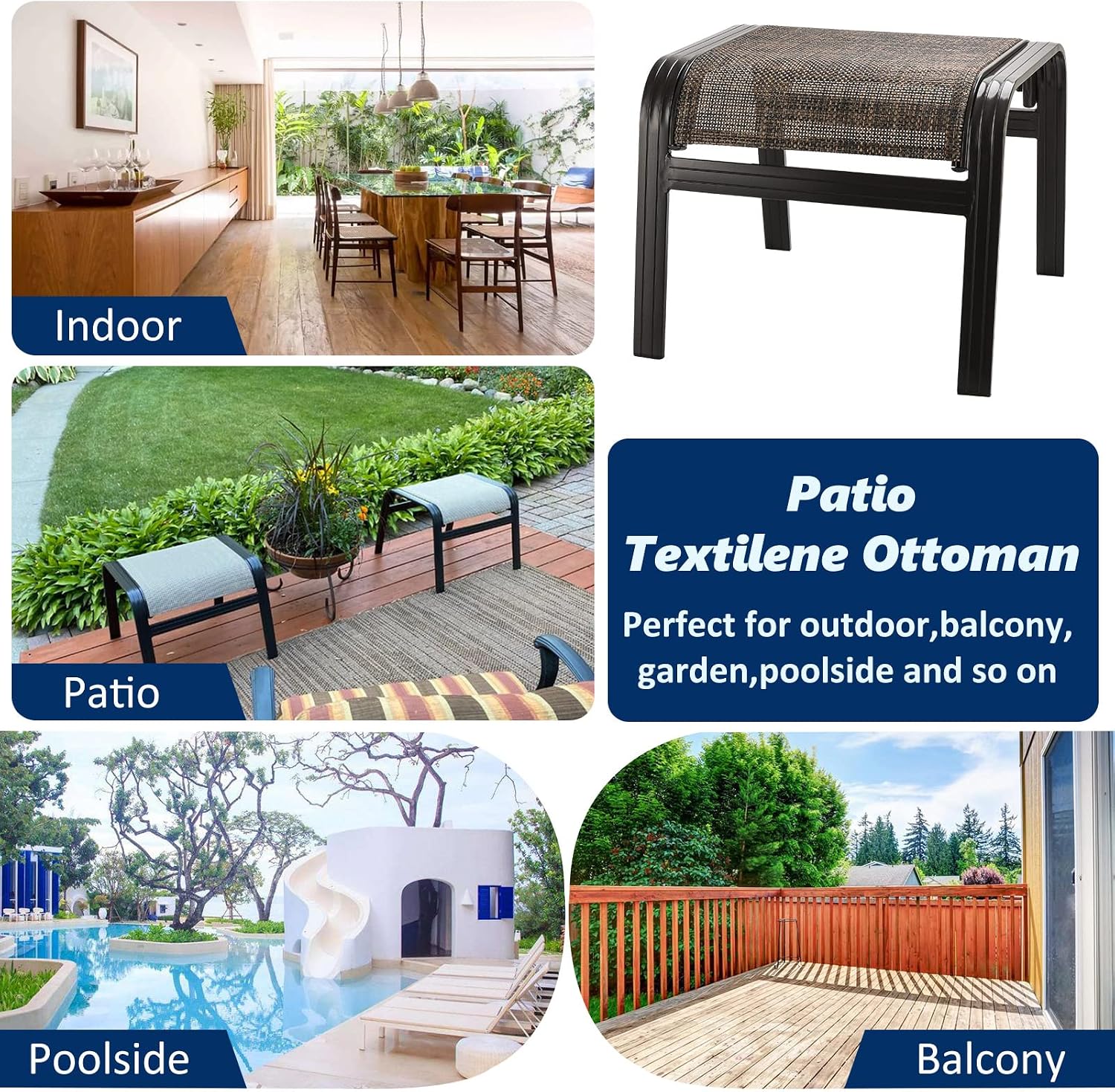 Outdoor Patio Foot Rest Ottoman Seat Textilene Portable Metal Footstool Portable Patio Chairs 2 Set Brown