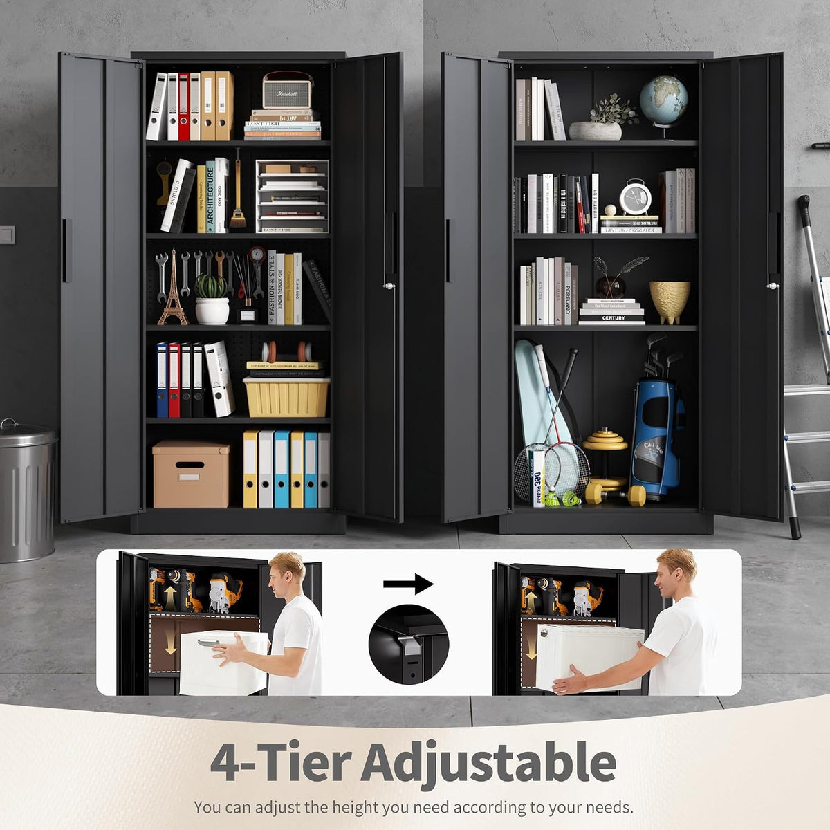 Metal Storage Cabinet with Lock, 71"H Garage Storage Cabinet, Black | Storage Cabinet with 2 Doors and 4 Adjustable Shelves, Steel Locking File Cabinet for Garage Office Home, 71"H x 16"D x 32"W