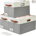 Large Collapsible Fabric Storage Bins with 3 Handles, Foldable Organizer Baskets for Closet, Shelves, Living Room | 3 Pack, Durable PU & Metal Handles (14.9"x9.8"x9.8", Gray & White)