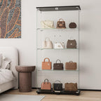 Glass Display Cabinet with 4-Shelf Double Doors and Lock, Curio Cabinet 5mm Tempered Glass Floor Standing Bookshelf for Living Room, Bedroom, Office, 64 x 31.7 x 14.3 in, Black