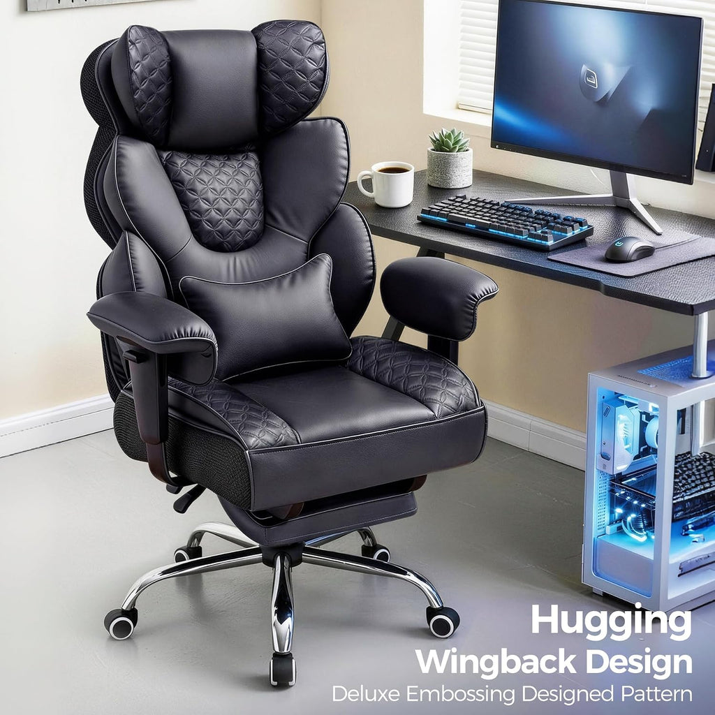 GTPLAYER Big and Tall Gaming Chair Ergonomic Heavy Duty Office Chair Racing Seat with Adjustable Lumbar Pillow Footrest 150° Reclining Thickened Armrests Breathable Mesh for Esports/PC Gaming