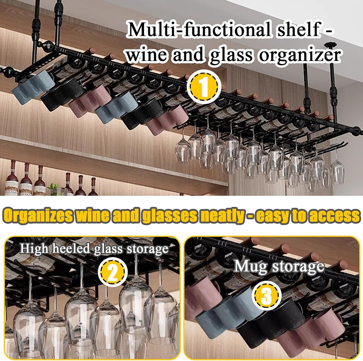 Suspended Ceiling Wine Rack,Hanging Wine Glass Holder 80x30cm,Gold | Industrial Iron Wine Adjustable Height (11.8"-23.6"), Champagne and Stemware Display Holder for Bar/Kitchen Organizer