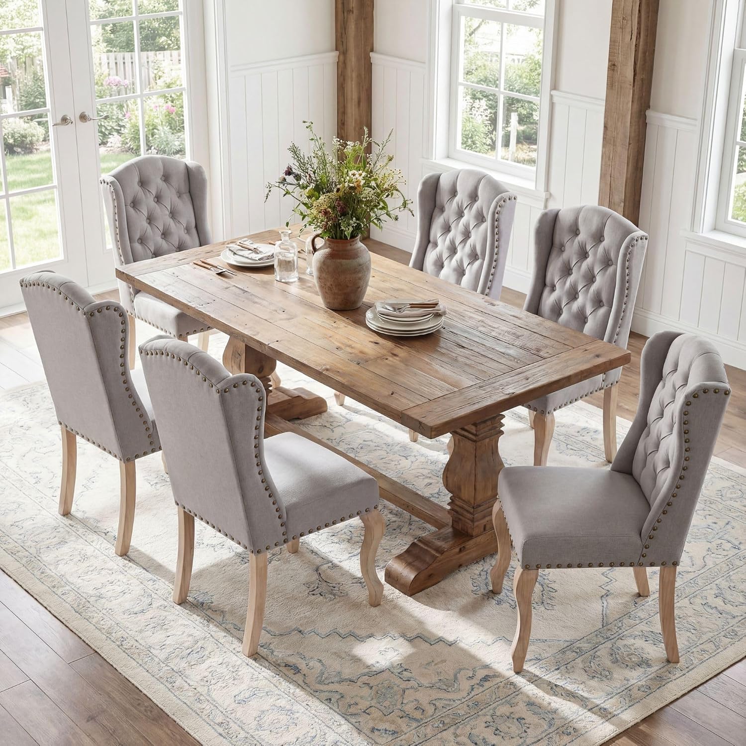 chairus Tufted Upholstered Parsons Dining Chairs Set of 6, Grey Linen | Linen Upholstery, Tufted Wingback, Solid Wood Legs, Nailhead Trim, High Back, French Country Kitchen Chairs for Dining Space