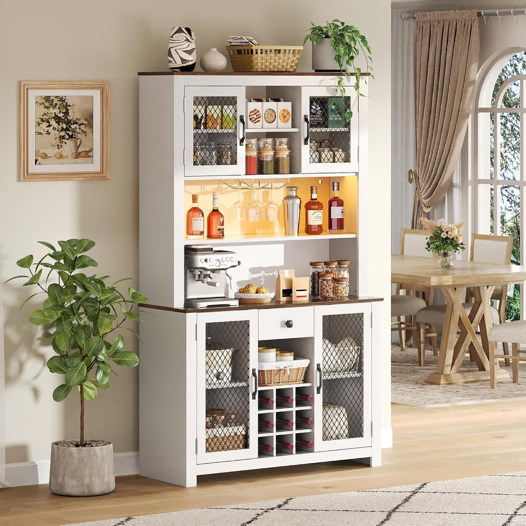 70.9” Kitchen Pantry Cabinet, Farmhouse Rustic Buffet Hutch with LED Lighting and Power Outlets, Large Food Pantry Cabinet with Doors and Adjustable Shelves, Storage Cabinet with Wine Rack for Kitchen