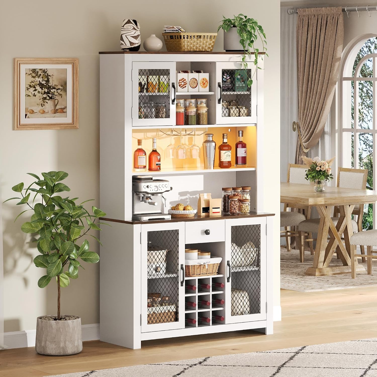 JIJIWANG 70.9" Kitchen Pantry Storage Rustic Buffet Cabinet,Kitchen Hutch Cabinet with LED Outlets Food Pantry Cabinets with Doors and Shelves Wine Rack for Dining Room,for Dining Room,White