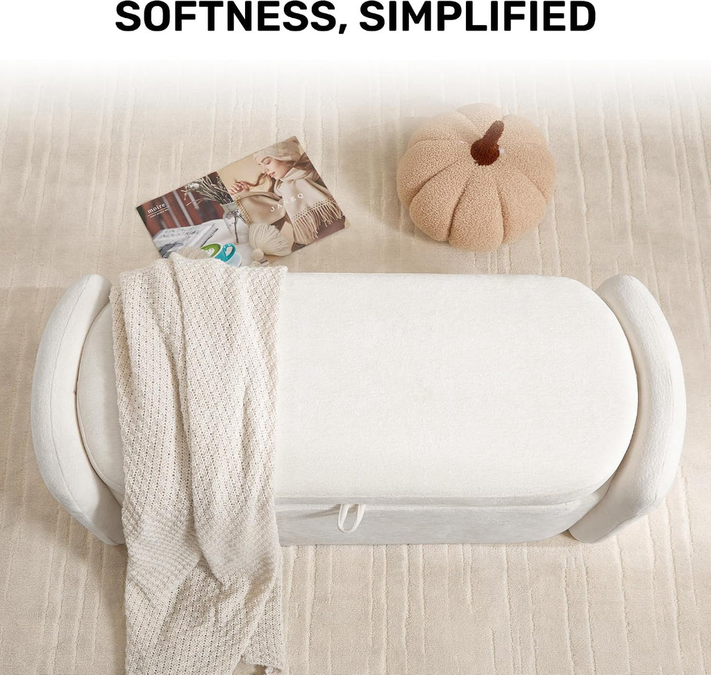 Oval Storage Ottoman Bench, 45" Upholstered Chenille End of Bed Bench Ottomans Bench, Storage Ottoman Foot Rest, Living Room and Hallway, Beige