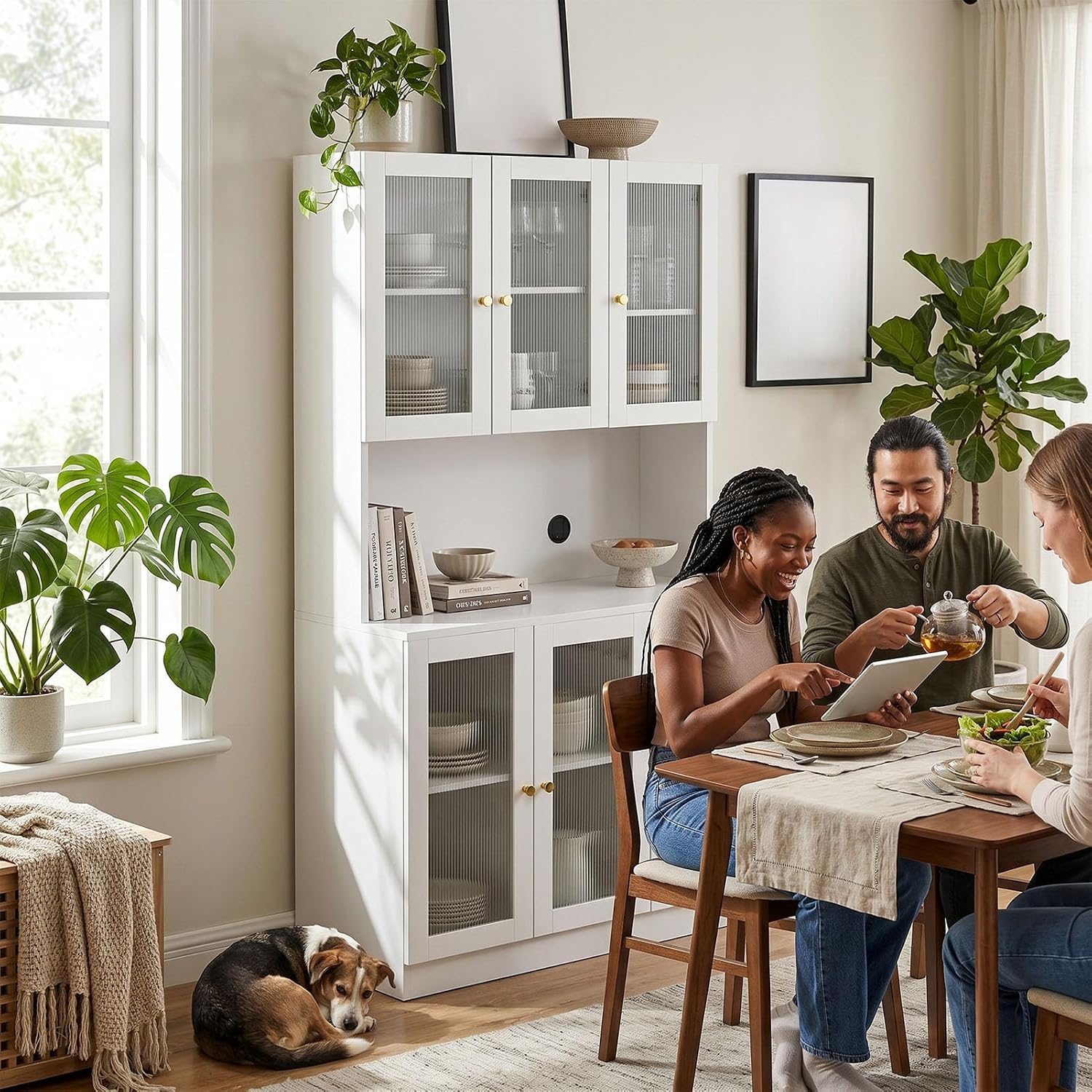 71" Kitchen Pantry Cabinet with Storage, Tall Kitchen Pantry Cabinet with Countertop Soft Close Glass Doors, Tall Kitchen Hutch Cabinet with Drawer & Adjustble Shelves for Kitchen White