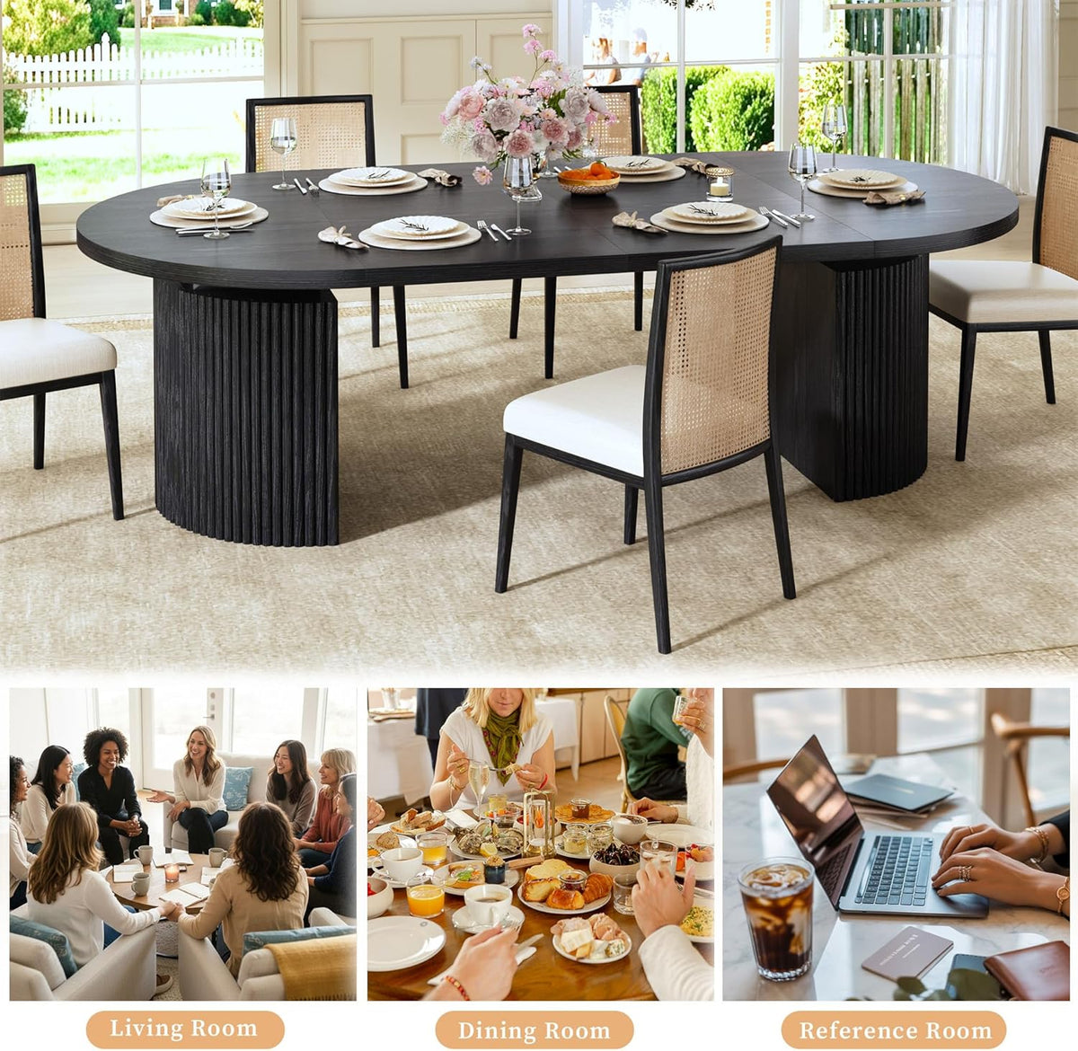 HUAHUU Extendable Round Dining Table for 4-8, 39in-77in Long Large Kitchen Table with Fluted Base, Space Saving Modern Farmhouse Oval Dinner Tables for Dining Room, Kitchen, Living Room, Natural