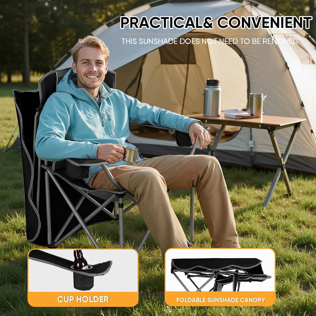 Northroad Folding Camping Chairs with Canopy Shade, Beach Chair w/Cup Holders, Armrests & Carry Bag for Outdoors Travel Sports Fishing, Black