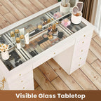Pamapic Glass Top Vanity Desk with Crystal Handles and 11 Drawers, Makeup Vanity with Mirror and Lights, 3 Lighting Modes Dressing Table, Power Outlet, Silent Slides, White